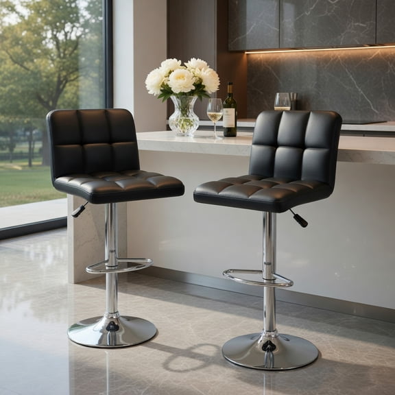 Yardi Yard Set of 2 Square Swivel Adjustable PU Leather Bar Stools with Back and Footrest-Black, Bar Height Stools, Bar Stools for Kitchen, Dining Room