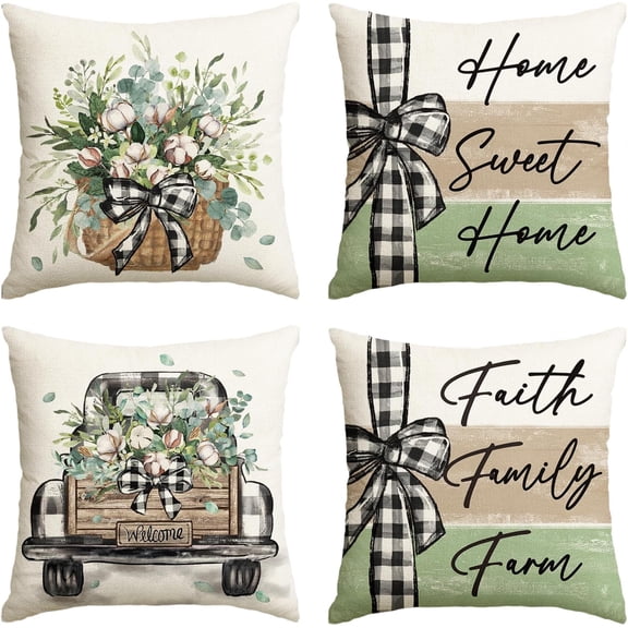 Home Sweet Home Farmhouse Eucalyptus Leaves Throw Pillow Covers, 20 x 20 Inch Truck Stripes Buffalo Plaid Cushion Case Decorations Set of 4