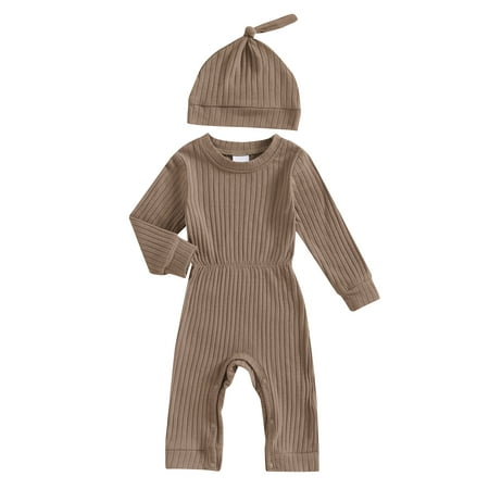 

Raccmtaty Baby Boys Rompers Solid Color Ribbed Knit Round Neck Long Sleeve Toddler Fall Bodysuits Jumpsuits with Hat