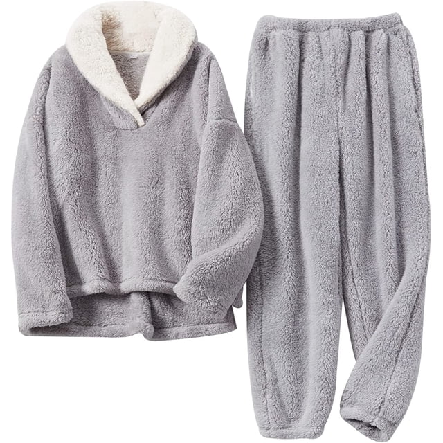 Pijamas De Lana Coral Para Mujer Ropa De Dormir De Franela Conjunto De Pijamas Suaves Ropa De Dormir Cálida Conjunto De Pijama De 2 Piezas Gris Claro,X-Large
