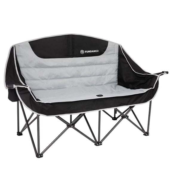 FUNDANGO Oversized Fully Padded 2Person Loveseat Chair, Folding Double Camping Chair for Adults, Heavy Duty Outdoor Loveseat Chair with Side Table, Portable Double Camping Couch, Black-Grey