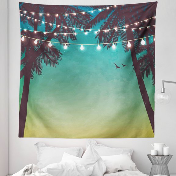 Beach Tapestry, Night Time Beach Sunset Design with Little Lantern and Island Palm Trees Art Print, Fabric Wall Hanging Decor for Bedroom Living Room Dorm, 5 Sizes, Multicolor, by Ambesonne