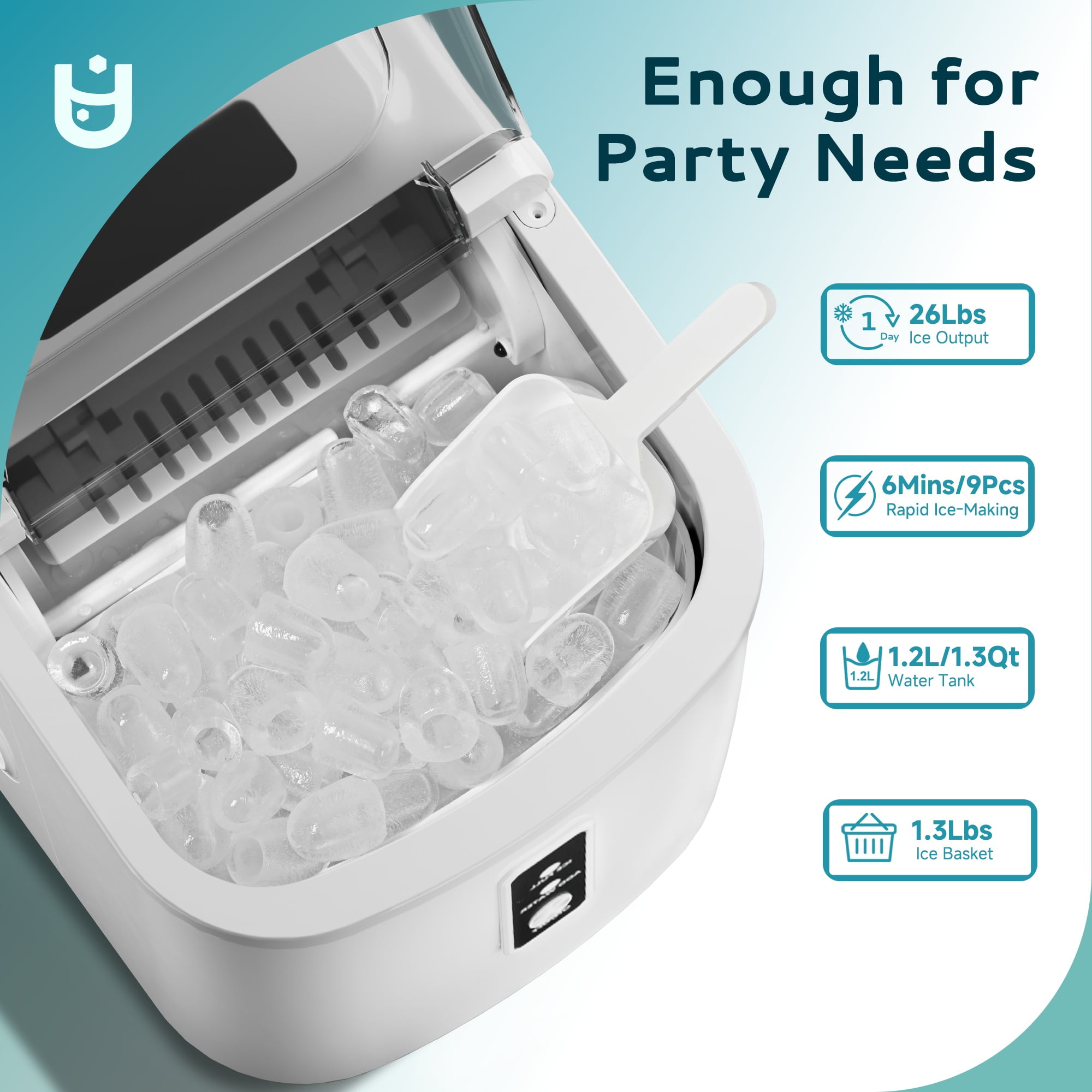 EUHOMY Countertop Ice Maker 26 lbs/Day Portable Self-Cleaning, 9 Bullet Ice in 6 Min, White