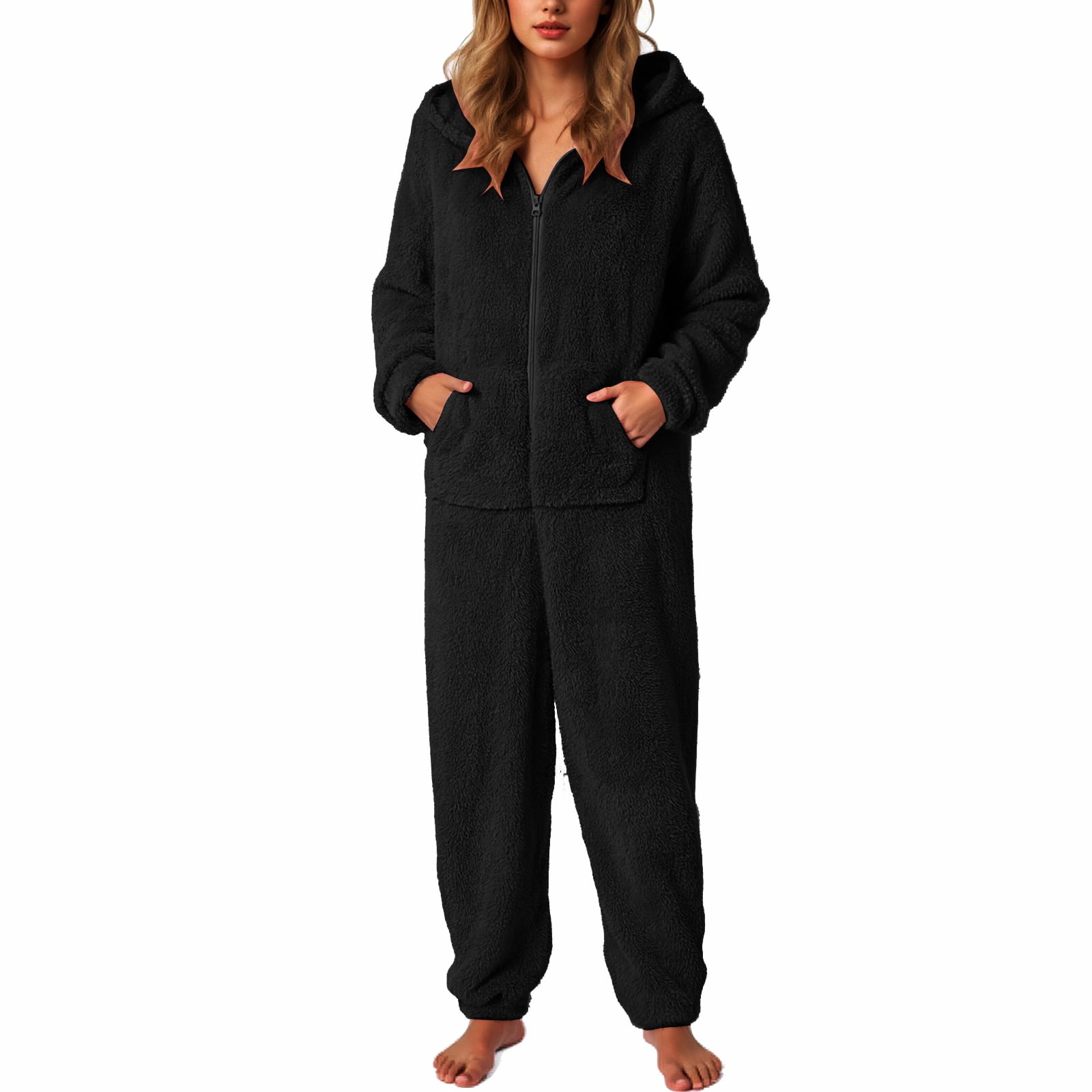 Rotm Fluffy Pajamas Winter Warm Thermal Romper Fleece Onesie Pajama One-Piece Zipper Hooded Jumpsuit Sleepwear Playsuit for Women Black,5XL