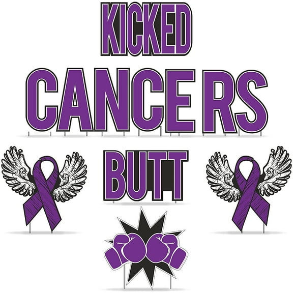 Purple Colored Kicked Cancers Butt Yard Decor Set, Cancer Survivor Yard Signs, 12pcs Includes Garden Stakes 19393