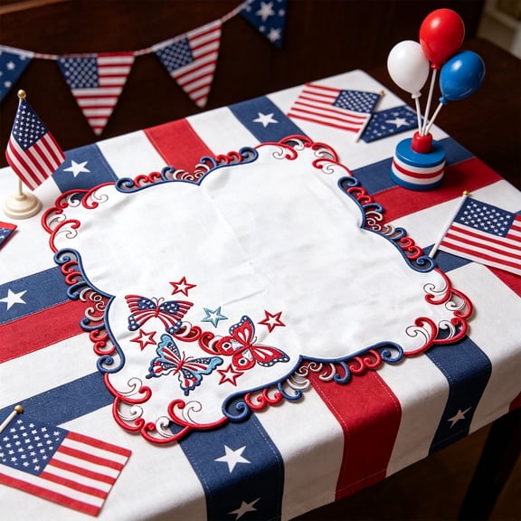 Cififendec 4th of July Embroidered Placemat, 5.74", Patriotic Hollow Butterfly Star Table Mat for Independence Day Dining Table and Home Decor