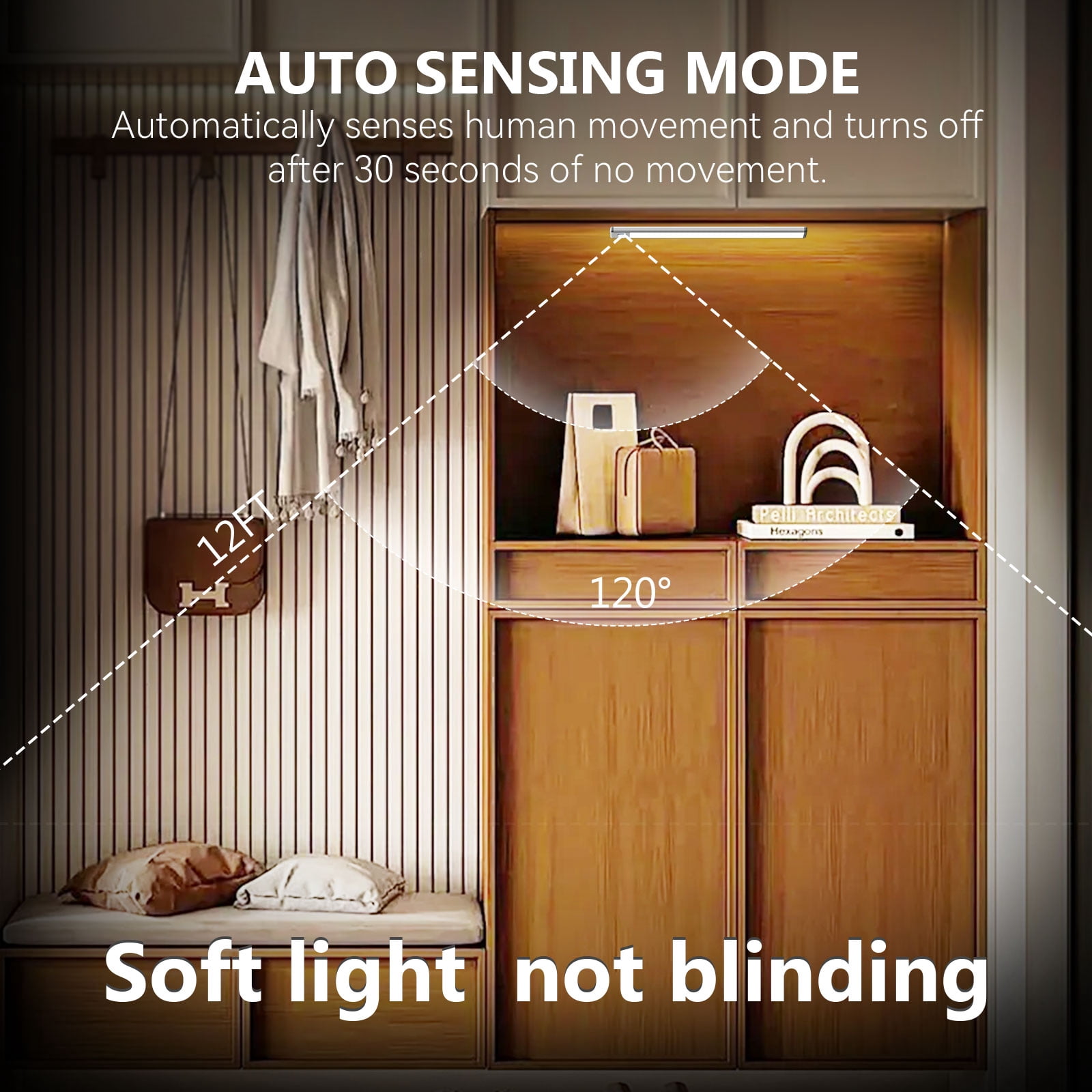 HMCITY  Under Cabinet Lights,LED Rechargeable Battery Operated Motion Sensor Light Indoor, 2 Pack Magnetic Dimmable Closet Lights, Wireless Under Counter Lights for Kitchen, Stairs