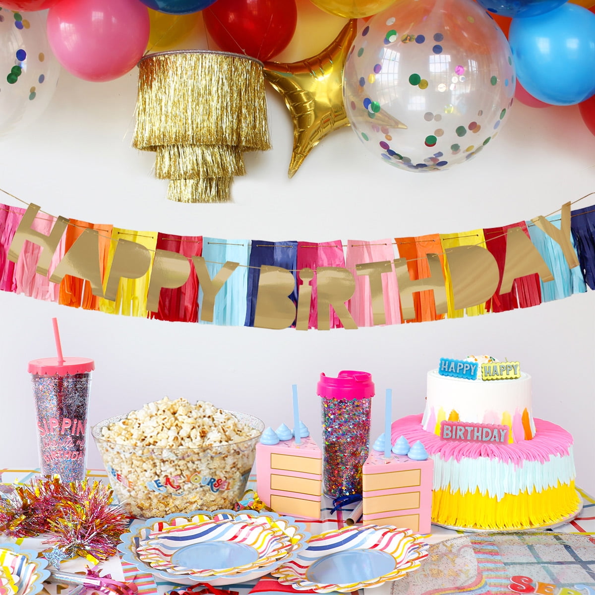 Packed Party Gold Happy Birthday Banner and Multicolor Fringe Background