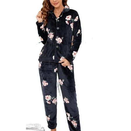 

Collar Casual Floral Pant Sets Navy Blue Long Sleeve Women Pajama Sets
