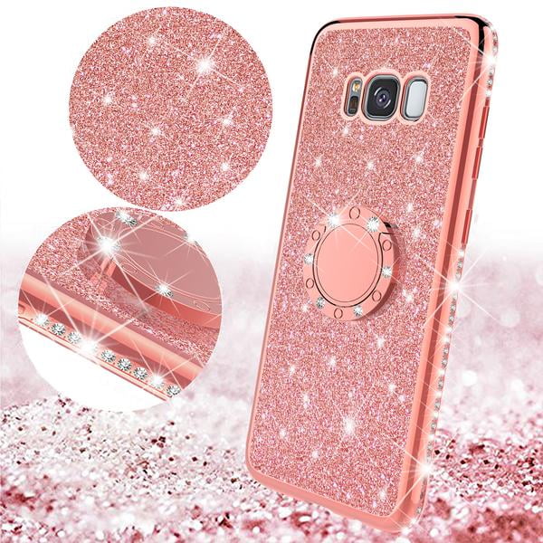 LAPOPNUT Rose Gold Case for Samsung Galaxy S8 Plus Case Luxury Crystal Rhinestone Soft Rubber Bumper Cover Bling Diamond Glitter Mirror Makeup Case with Ring Stand Holder