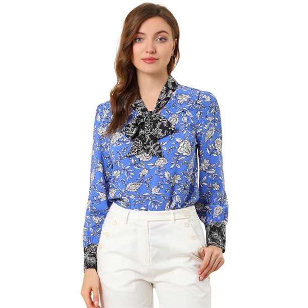 Blusa Vintage con Lazo Floral Bohemio Allegra K Azul oscuro S
