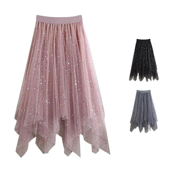 QTSHPN Ballet Skirt Little Girls Kids Star Sequin Tutu High Low Sparkly Layered Elastic Waist A Line Long Fashion Long Skirts for Girl Pink 13-14 Years
