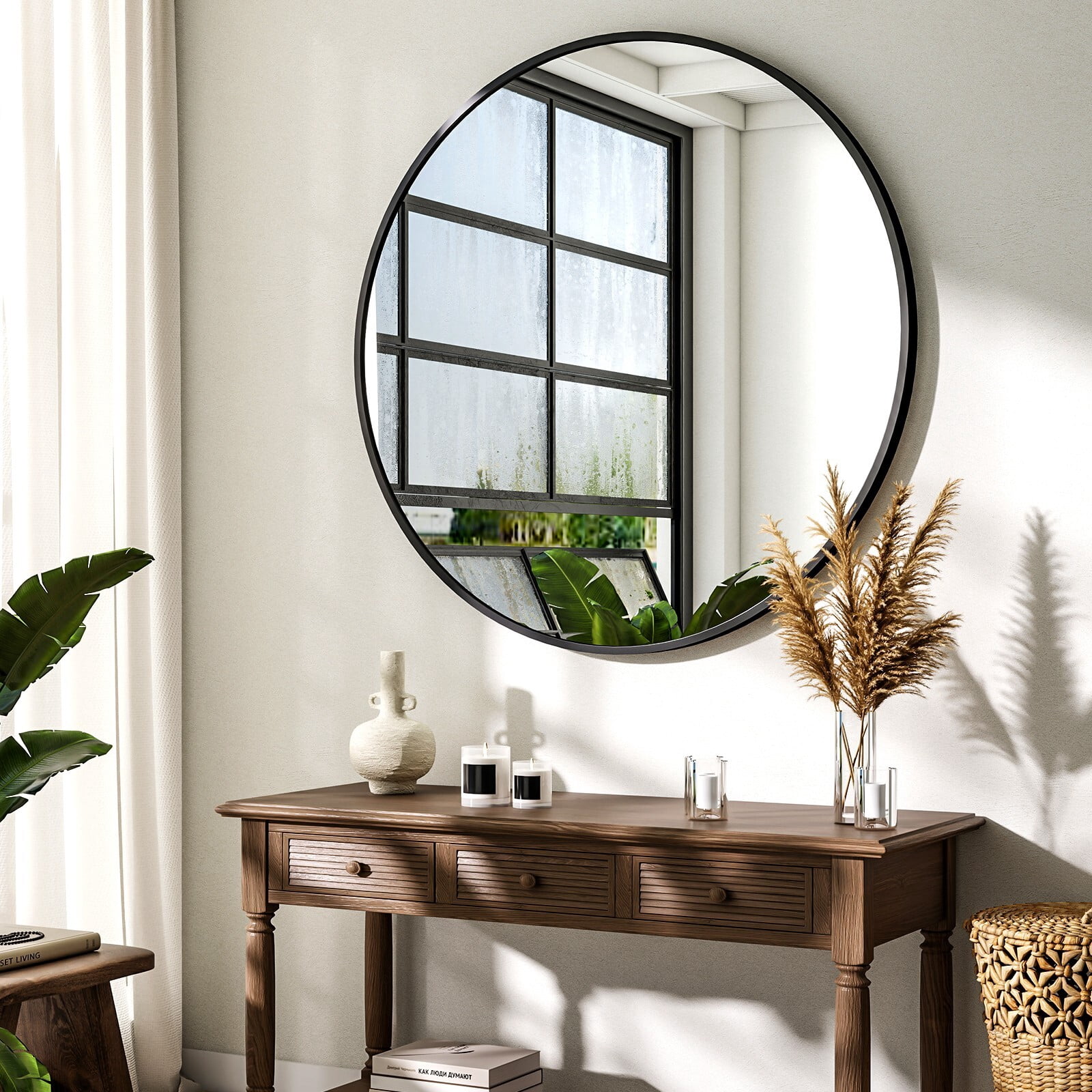 Lumora 36" Round Bathroom Mirror Wall Mirror Metal Frame Circle Mirror, Black