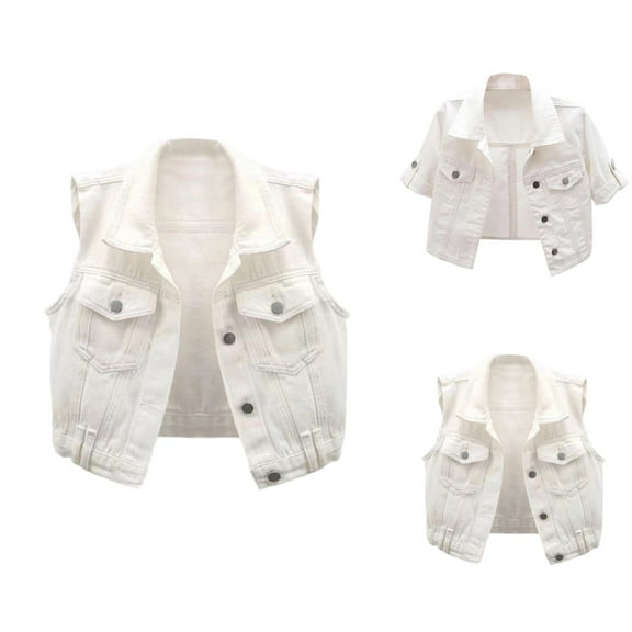 White Denim Vest Jacket for Women Sleeveless Button Down Lapel Collar Casual Cropped Jean Vest Outerwear