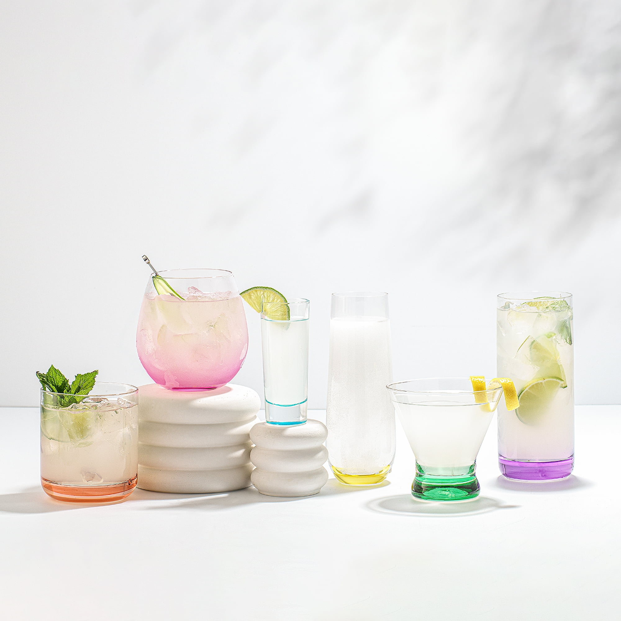 JoyJolt Hue Colored Stemless Wine Glass Set - Large 15 oz Glass Stemless Wine Glasses Set of 6