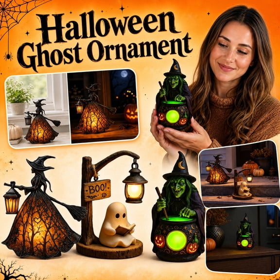 Spooky Halloween Decorations for Home, Halloween Ghost Decor with Warm Led Night Light for Reading, Fall Table Centerpiece & Shelf Decor, Halloween Lantern Figurine for Mantel