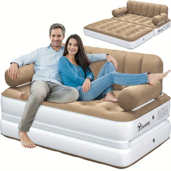 Premium queen air mattress, highly puncture- resistant with plush flocked top. Rapid inflation/ deflation, 250kg capacity, includes pump and repair kit for exceptional convenience