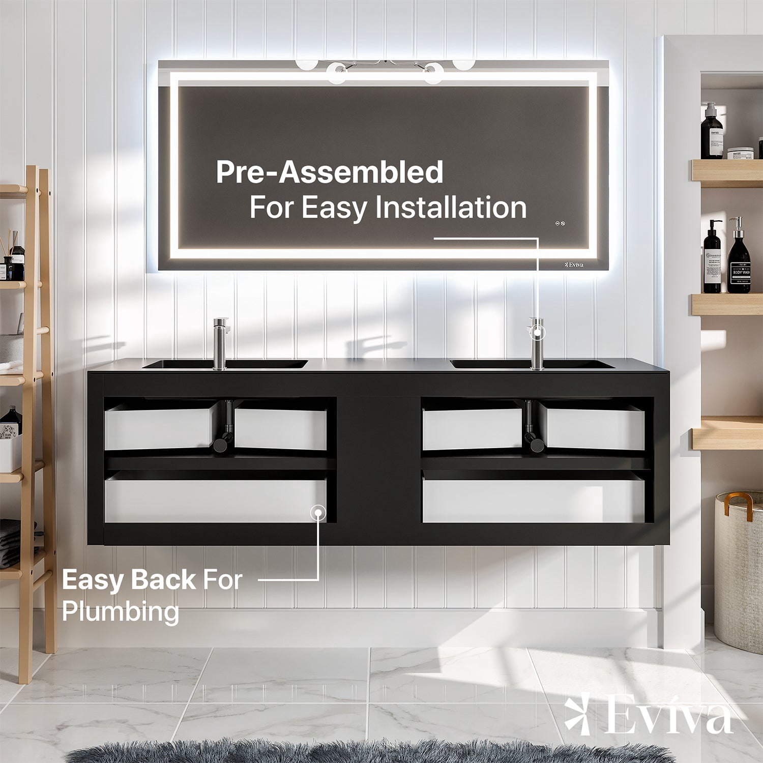 Eviva Vienna 75 inch Gray Black Wall Mount Bathroom Vanity with White Integrated Acrylic Sinks