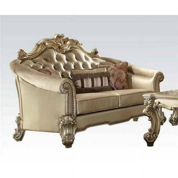67 in. Bone & Gold Faux Leather Love Seat & Toss Pillows
