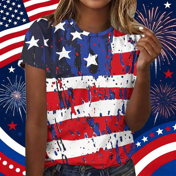 Goodtrade8 July 4th T Shirts for Women Summer Red White and Blue Pullover Short Sleeve Graphic , Casual American Flag Independence Day Fashion Womens Tops Red White and Blue