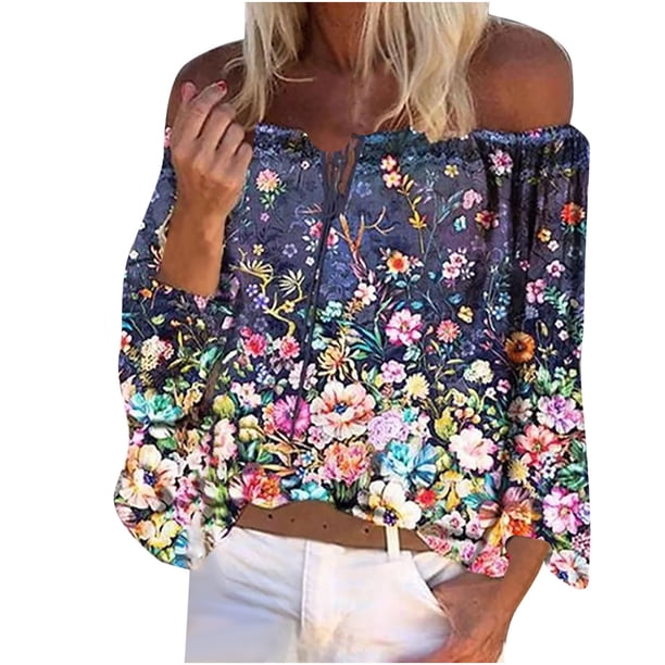 Blusa holgada de manga larga con cuello de una línea y estampado a la moda para mujer Fridja hj2109