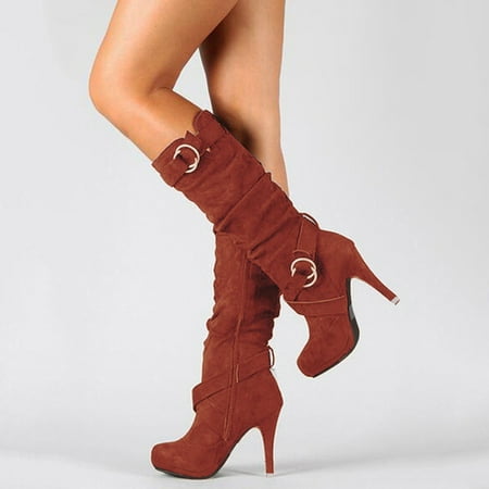 

Hunpta Boots For Women Long Boots Knee-High Heel Boots For Women s Flat Mid-calf Boots Retro Shoes Leather Warm Boots