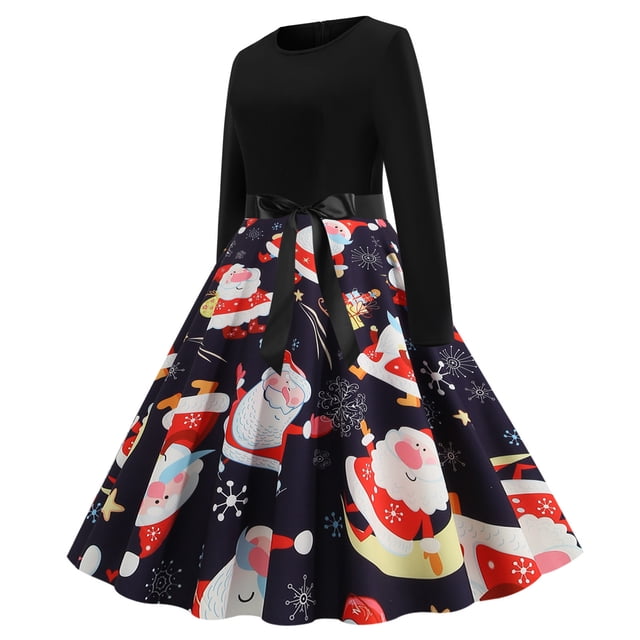 CEHVOM Robe Vintage Rockabilly Patchwork pour Femmes Robe de Fête de Noël avec Nœud