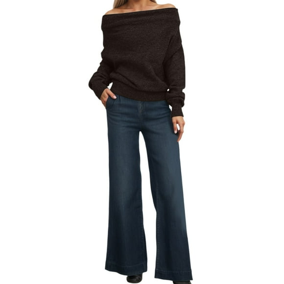 LUOGENLI Women's Sweaters Cardigans off Shoulder Pullover Sweater for Asymmetrical Neckline Long Sleeve Knitted Top Loose Casual Batwing Short Crop Fall Fashion Coffee Size M