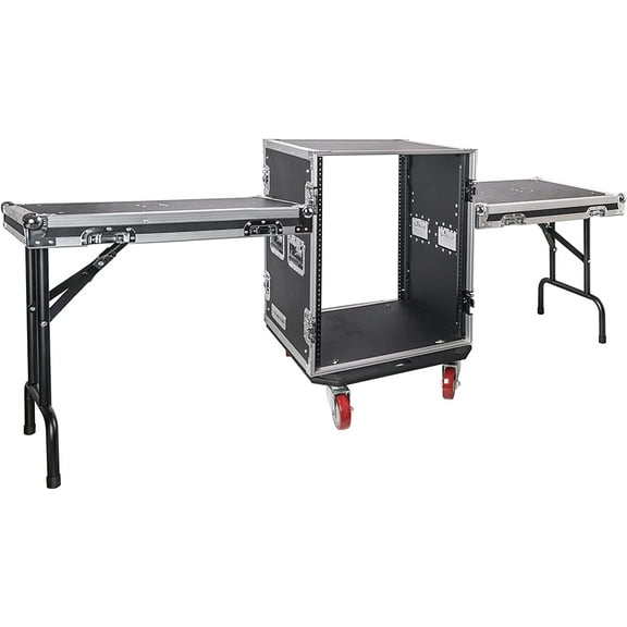 Sound Town 14U PA/DJ Rack/Road Case, 14-Space, with 21" Rackable Depth, Two DJ Work Tables, Casters, Plywood, Metal Ball Corners (STRC-14UWT2)