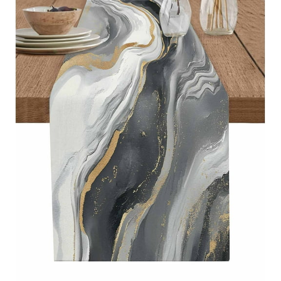 Marble Black Grey Table Runner-Cotton Linen- 48 Inch Holiday Dresser Scarves, Abstract Gradient Gold Ocean Waves Tablerunner for Kitchen Coffee/Dining Bedroom Living Room Dinner Scarf Décor 13x48