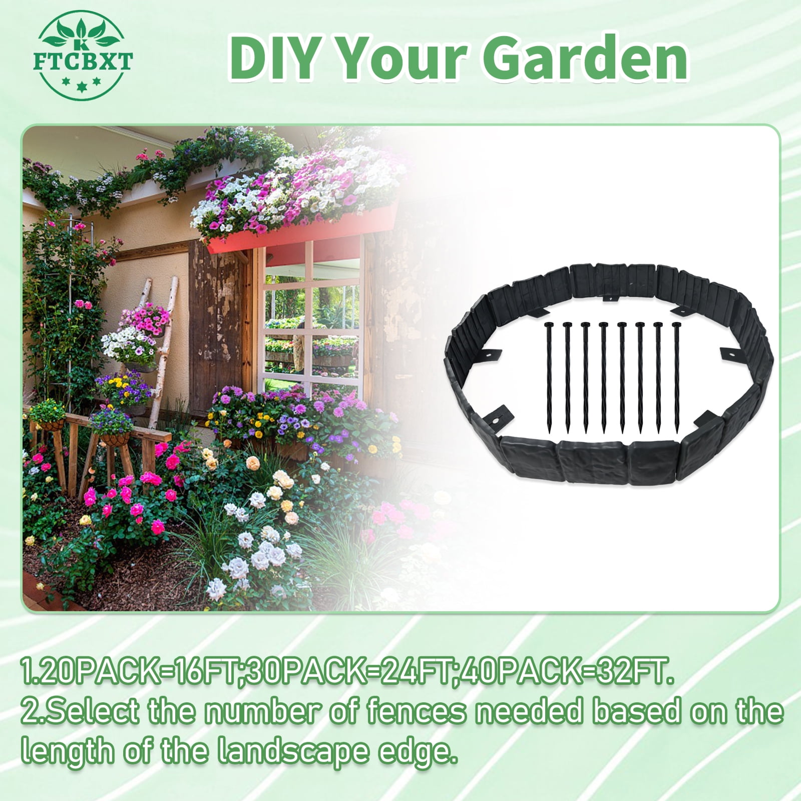FTCBXT Garden Edging Border, 24 Ft Plastic Landscape Edging Border with Anchoring Spikes, Imitation Stone Fence for DIY Outdoor Yard Landscaping (30 Pcs, Black)