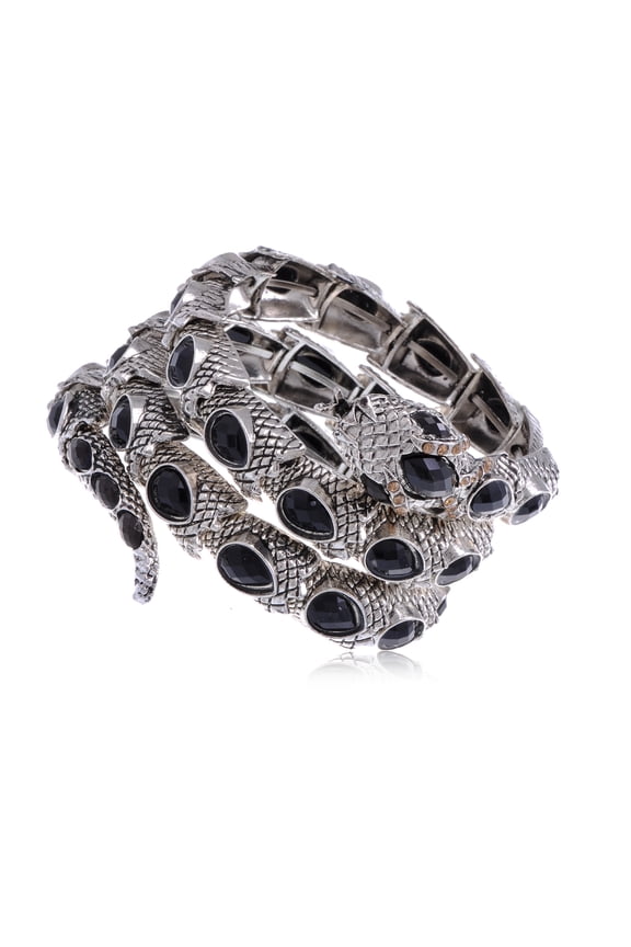 Egyptian Snake Rhinestones Stretch Cuff Wrap Bangle Bracelet, Black Silver