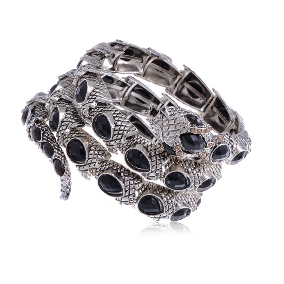 ALILANG Egyptian Snake Rhinestones Stretch Cuff Wrap Bangle Bracelet, Black Silver