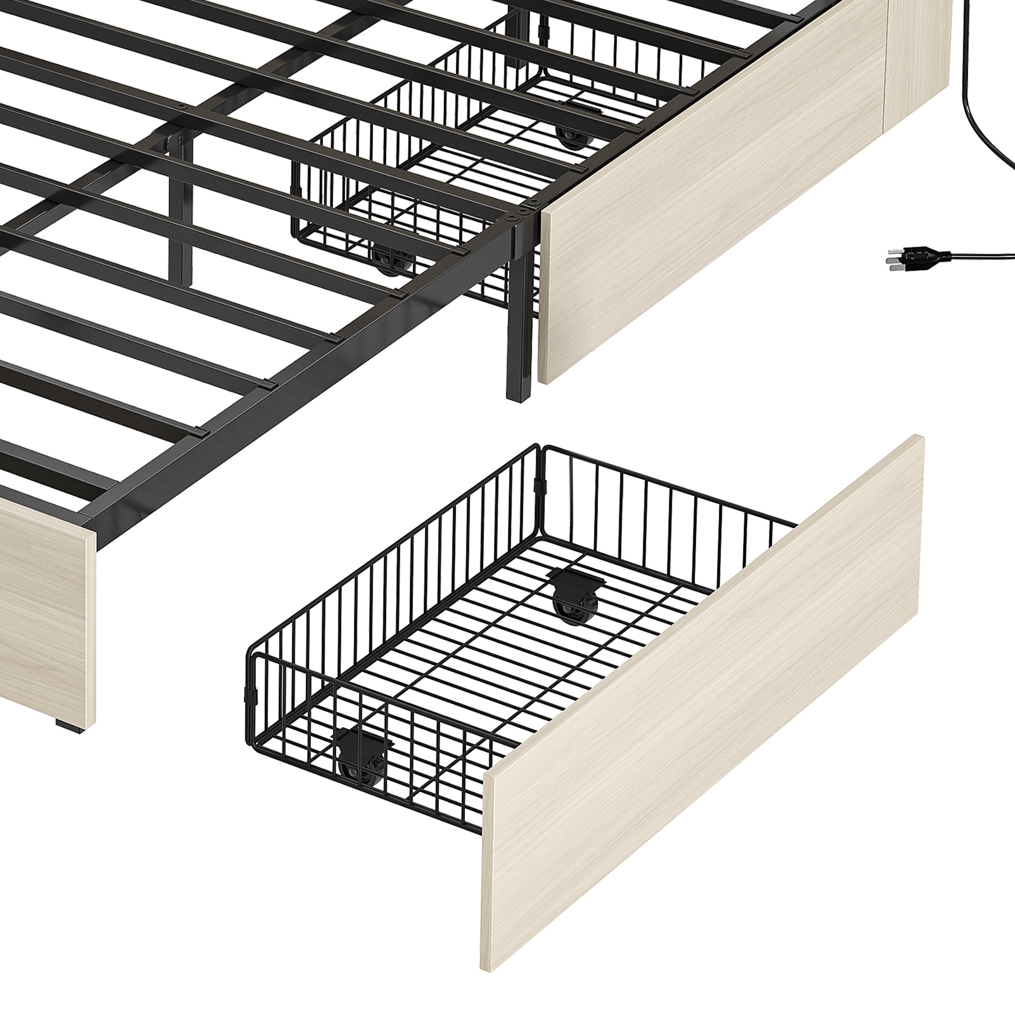 Uforic King Size Farmhouse Platform Bed Frame with Sliding Barn Door, 4 Wheeled Underbed Storage Drawers, No Box Spring Required, White