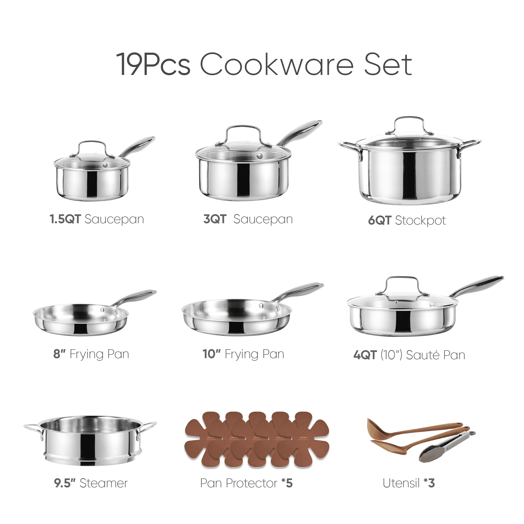 Carote 19-Piece Tri-Ply Stainless Steel Cookware Set, Induction Compatible and Oven Safe, Silver Handle