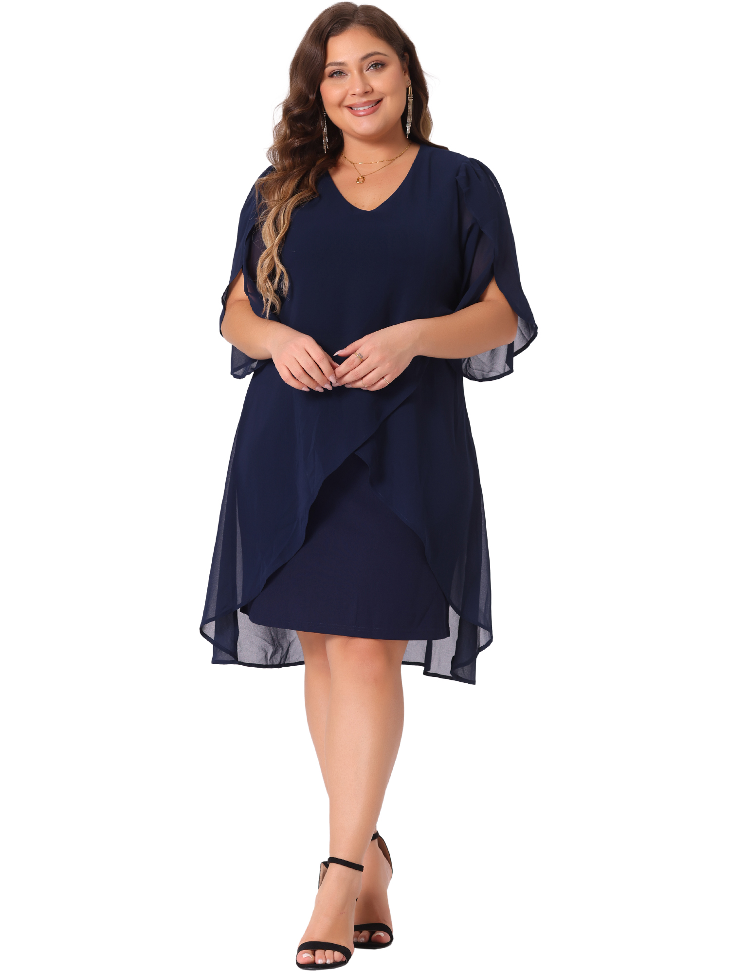 DARING DIVA Plus Size Chiffon Cocktail  Mesh Overlay Short Dress 1X Navy Blue