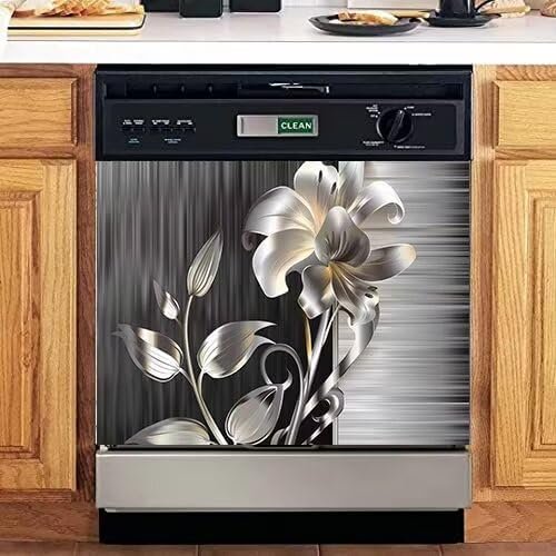 Stainless Steel Flower Magnet Dishwasher Cover Kitchen Refrigerator Front Door Magnet Cover, Silver Stainless Steel Magnetic Refrigerator Panel Decal Dishwasher Sticker 23"" x 17"" Magnetic