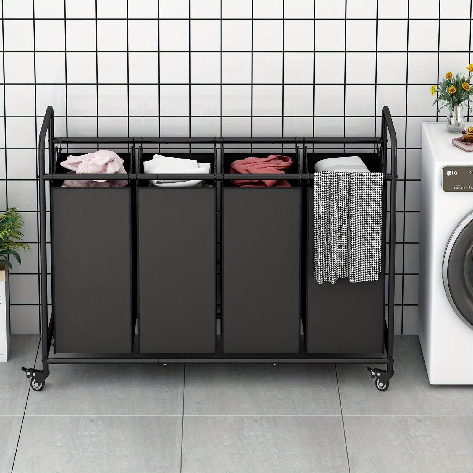 [Heavy Duty Laundry Sorter] 4-Bag Heavy Duty Laundry Basket Sorter - Rolling Lockable Wheels and Removable Bags Laundry Hamper Cart
