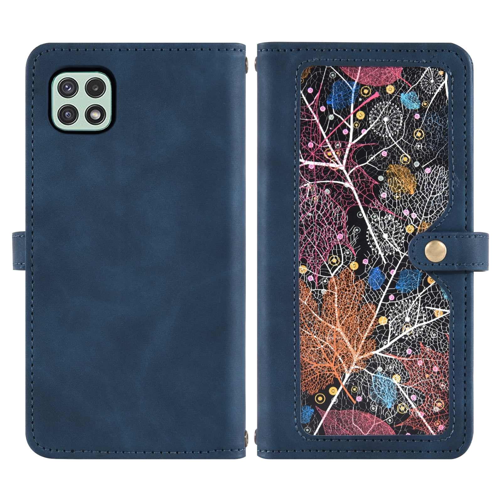 Asuwish Phone Case for Samsung Galaxy A22 5G Wallet Cover With Tempered Glass Screen Protector Crossbody Wrist Strap Flip Pattern Zipper Credit Card Holder Stand Cell A 22 22A A22s G5 Women Men Blue