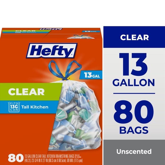 Hefty Clear Trash Bags, Clear, 13 Gallon, 80 Count