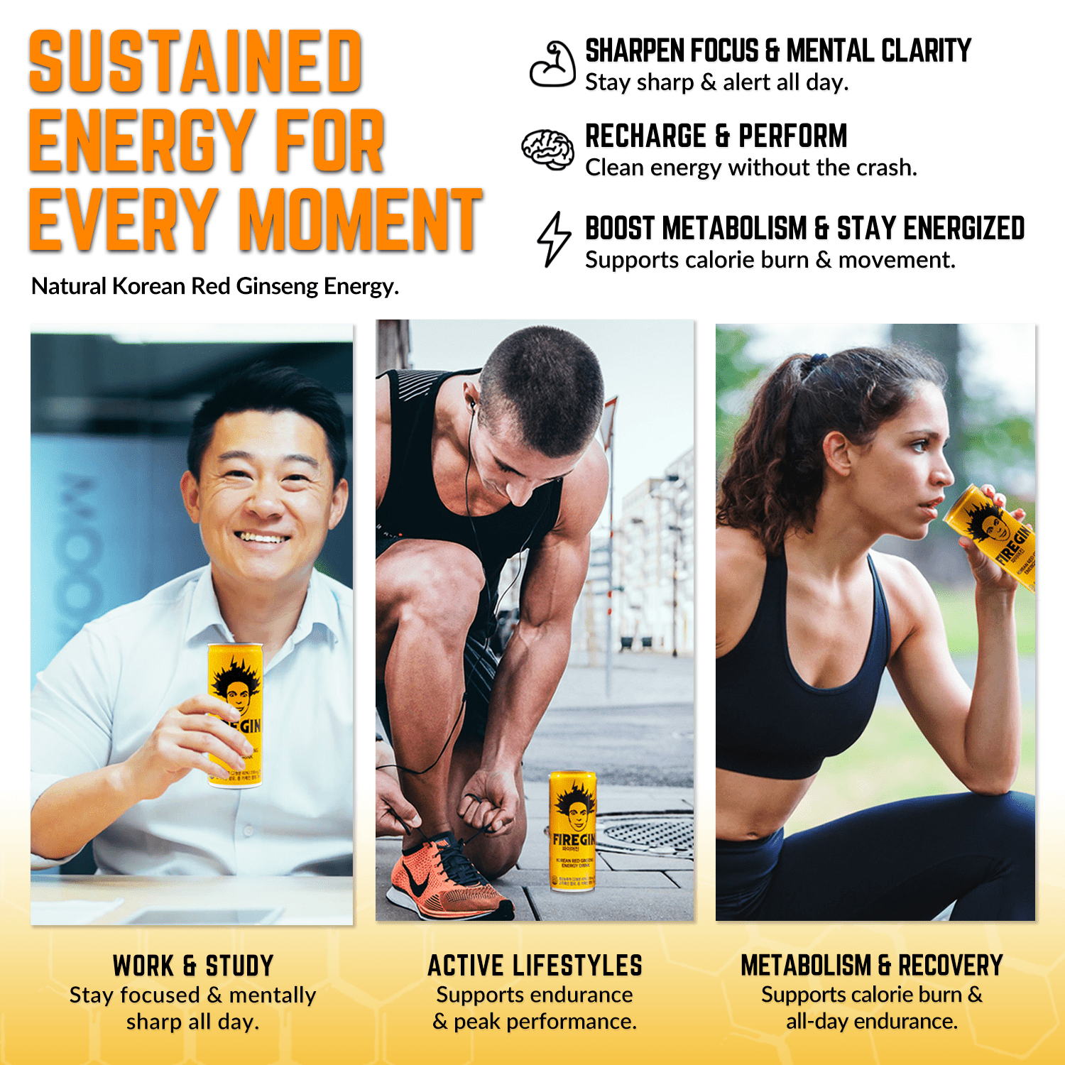FIREGIN Energy Drink Korean Red Ginseng & Guarana - Crash-Free Energy – Focus, Stamina, Recovery – 78mg Caffeine, Taurine, B Vitamins – HACCP Certified – 8.4 fl oz, Case of 30