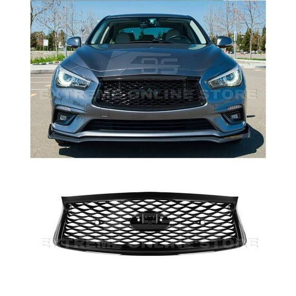 Replacement For 2018-Present Infiniti Q50 With Front Camera Option JDM Factory Style ABS Plastic - PAINTED GLOSSY BLACK Front Bumper Upper Grille Cover