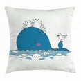 thumbnail image 1 of Whale Throw Pillow Cushion Cover, Sea Mammal Caricature Swimming in the Ocean and Splashing Water with Seagull, Decorative Square Accent Pillow Case, 16 X 16 Inches, Blue and White, by Ambesonne, 1 of 2