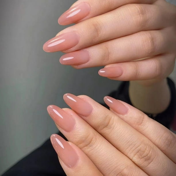 24 piezas de uñas postizas cortas almendra, uñas francesas con degradado nude, uñas postizas cortas color melocotón, uñas adhesivas con forma de aguja para mujeres, uñas postizas medianas