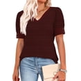 thumbnail image 3 of HomeDM Women's T-Shirts Summer V Neck Casual Tops Short Sleeve Loose Fit Shirts Striped - Wine/S, 3 of 5