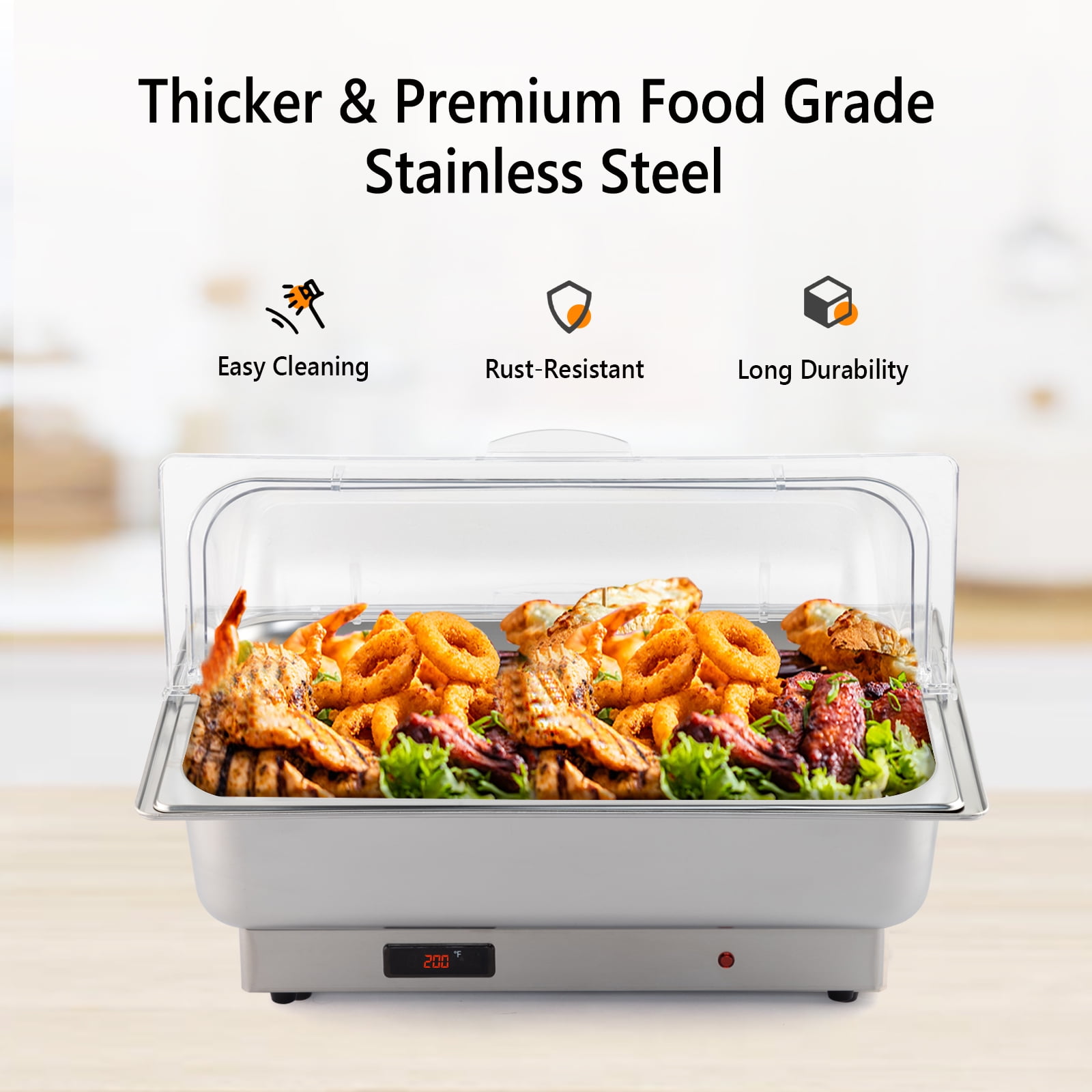 Electric Chafing Dish 9 QT Adjustable 0°C~100°C Roll Top Full Size Auto  ShutOff Stainless Steel Buffet Servers and Warmers, Temp Display  Programmable