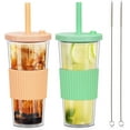 thumbnail image 2 of 2 Pack 24 Oz Reusable Tea/Coffee Cups, Iced Coffee Cup with Straw and Lid, Leakproof Clear Plastic Cups Tumbler, Double Wall Insulated Smoothie Tumbler, Wide Straw for Bubble Tea, Green & Orange, 2 of 9