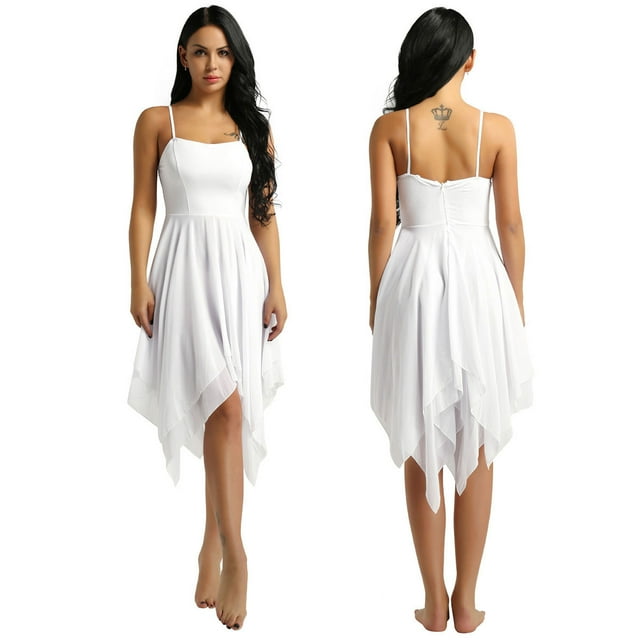 inhzoy Robe de Danse Lyrique pour Femmes en Chiffon Bretelles Spaghetti Asymétrique Robe de Bal Blanche TTG