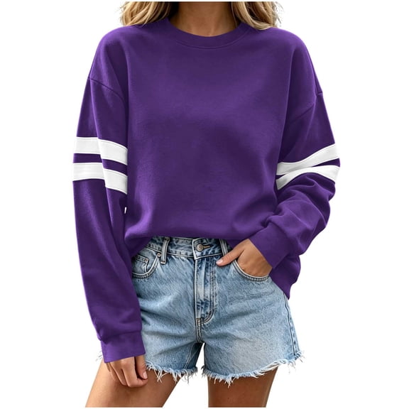 Hurxie Women's Lightweight Striped Sweatshirts Loose Basic Pullover Color Block Crew Neck Long Sleeve Sweatshirts for Casual Daily Wear