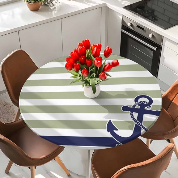 Sage Green Stripes Elastic Fitted Round Tablecloth Navy Blue Nautical Anchor Waterproof Outdoor Table Cover for Holiday Party, Picnic, Patio & Dining Fits Tables Up to 55"-60"